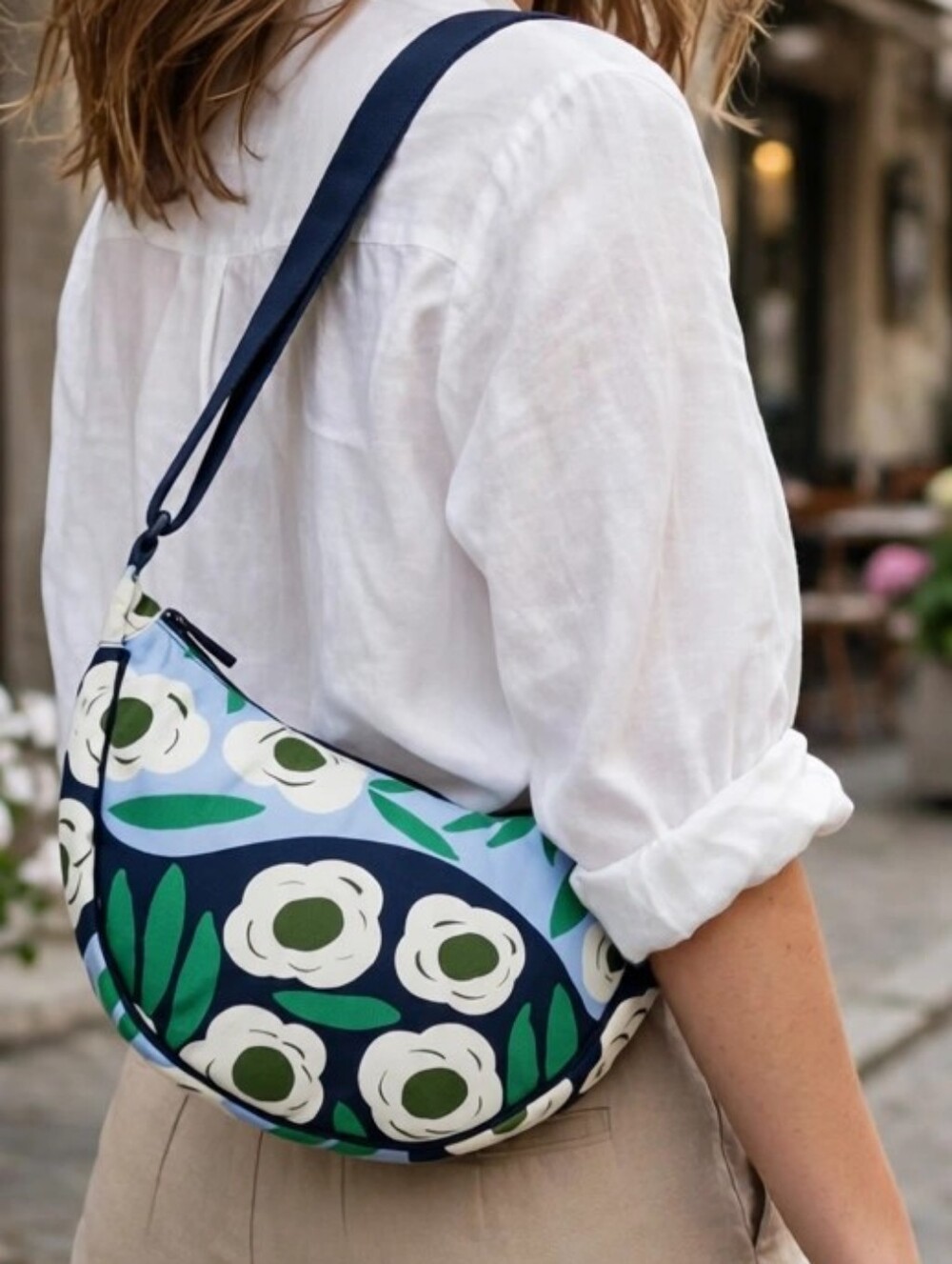 Marimekko × Uniqlo Floral Crescent Crossbody Bag, Blue / Green / White
